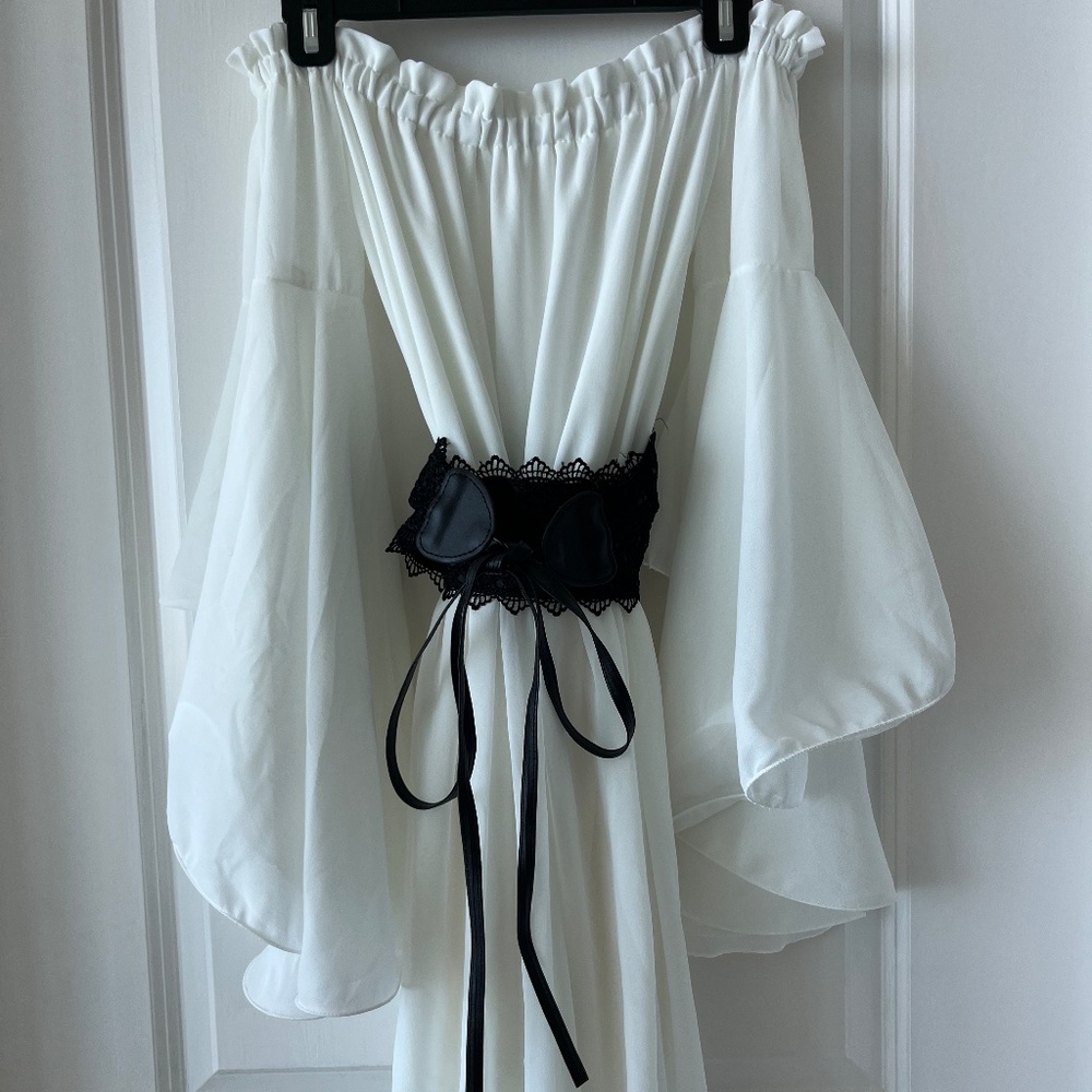 White Off-Shoulder Bell Sleeve Dress w/ Black Lace Corset Belt – Mysterious & Ro